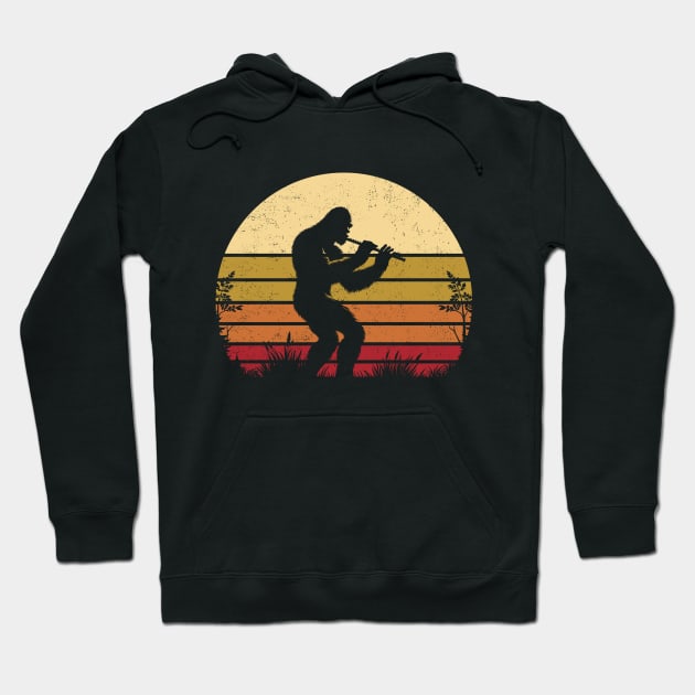 Bigfoot Playing the Flute Vintage Distressed Sunset Flute Player Hoodie by Cuteness Klub